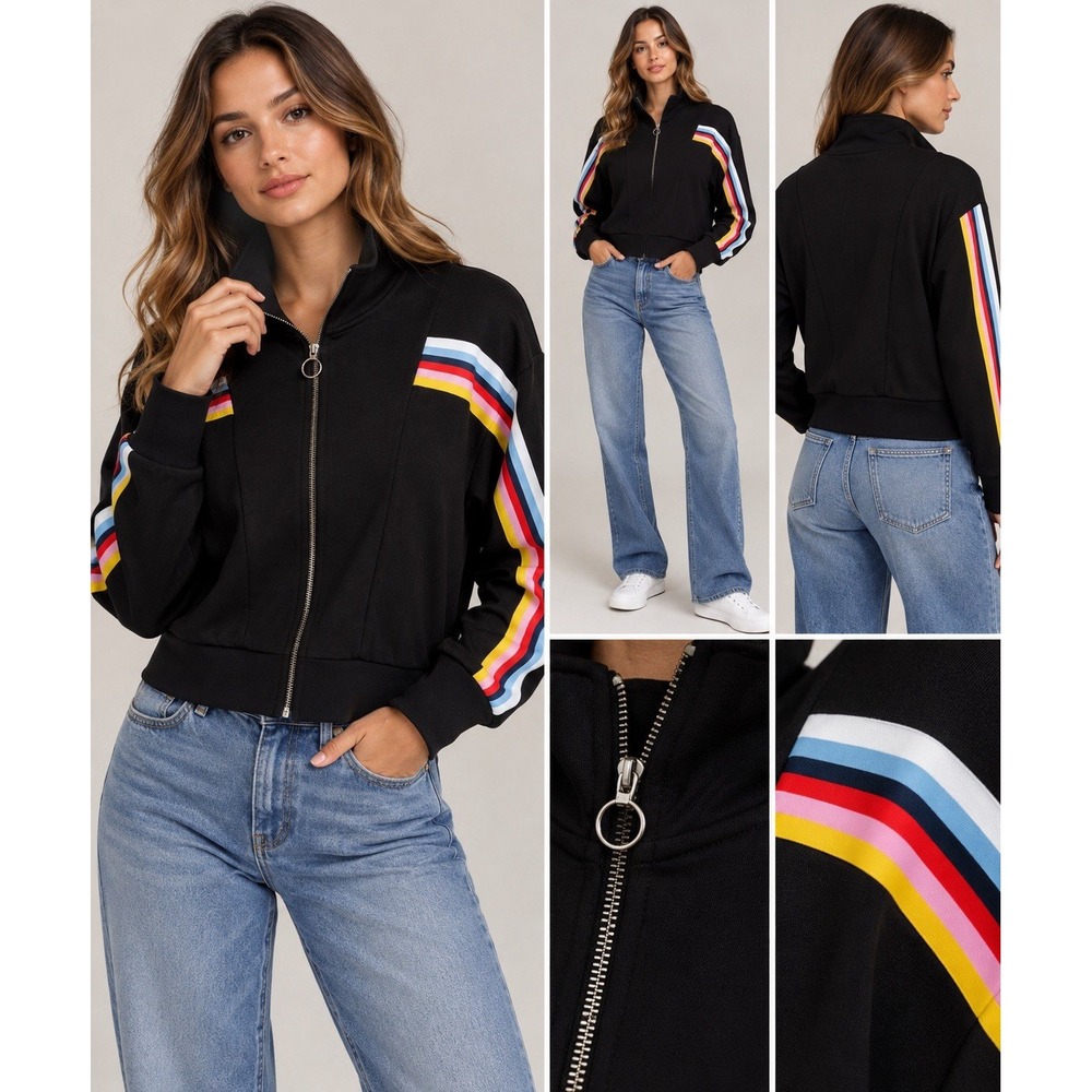 Express Women's Black Cropped Track Jacket Stripes Full Zip Small (7-b42)